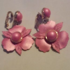 Pink And Gold Clip On Earrings Hangs 1 3/4" x 1" Wide Used